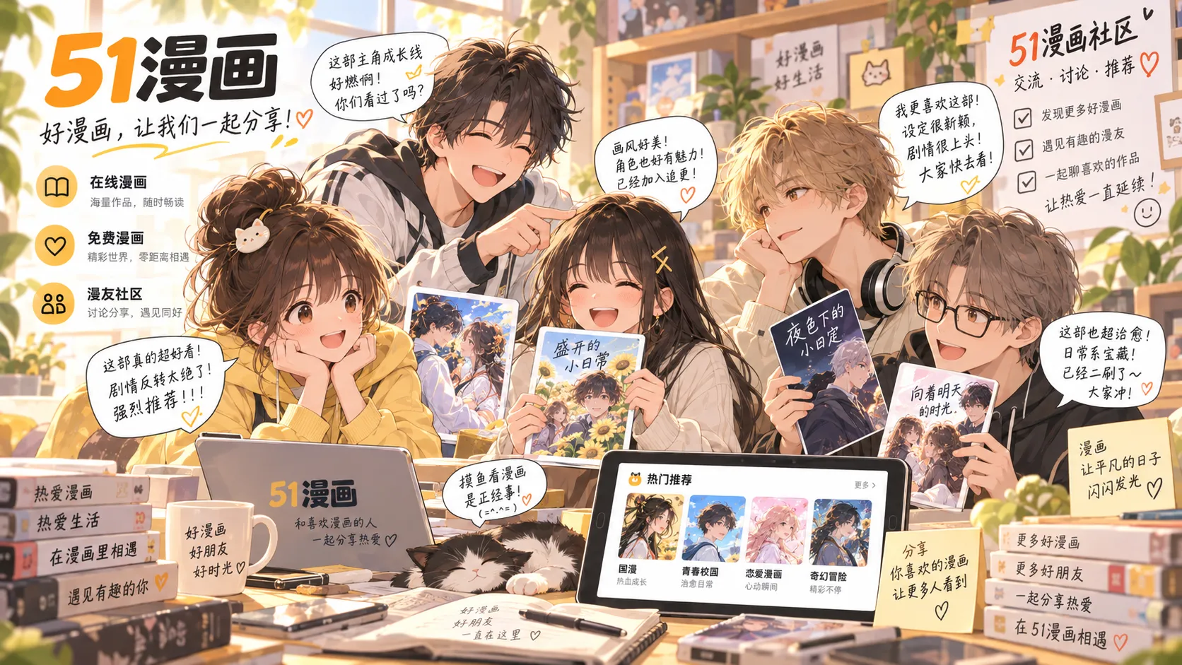 河岸单车店封面，漫画创作者进行作品讨论与编辑交流